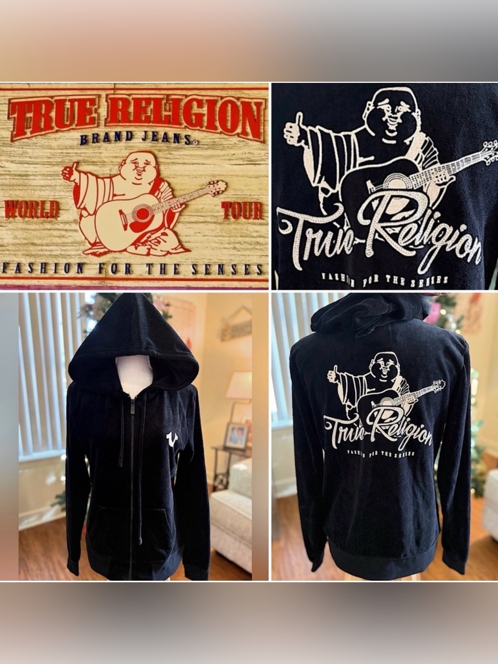 🎉SALE🎉🆕🖤TRUE RELIGION: Buddha Script Velour Zip Hoodie LARGE $129